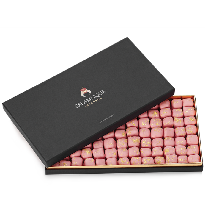 Turkish Delight with Chocolate Covered Almonds Decorated with Gold Particles / Rose - Selamlique