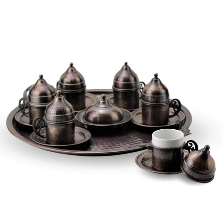 Turkish Copper Coffee Set Handcrafted - Antiquing (Set of 6)